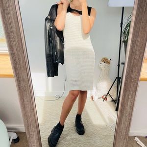 SANDRO ivory knitted dress cotton ship skin leather midi casual moto knee length